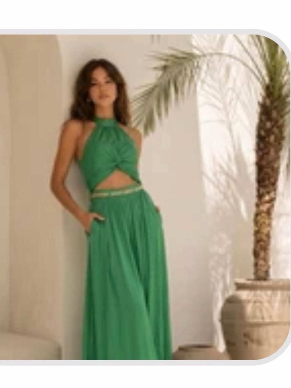 Green Halter Cutout Jumpsuit with Wide-Leg Pants